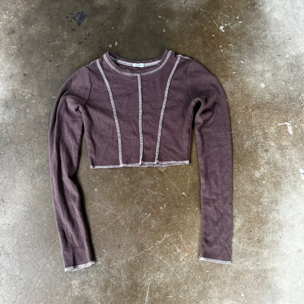 Garage Ribbed Crop Top Womens XS Brown Excellent Contrast Stitch Long Sleeve